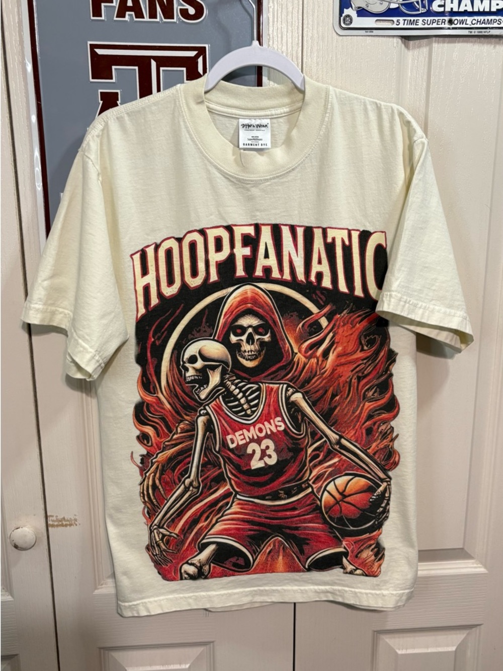 Hoopfanatic Demons 23 Skeleton Basketball Graphic Tee - Cream/Red/Black